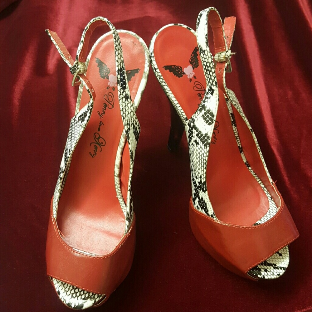 Red black and white snakeskin heels peep toe